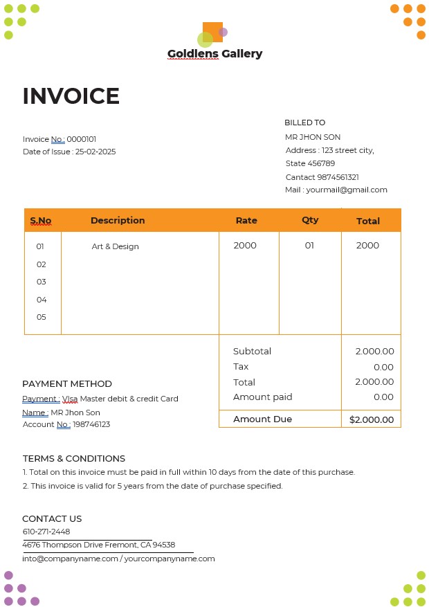 Photo Art Gallery Invoice Template PSD template